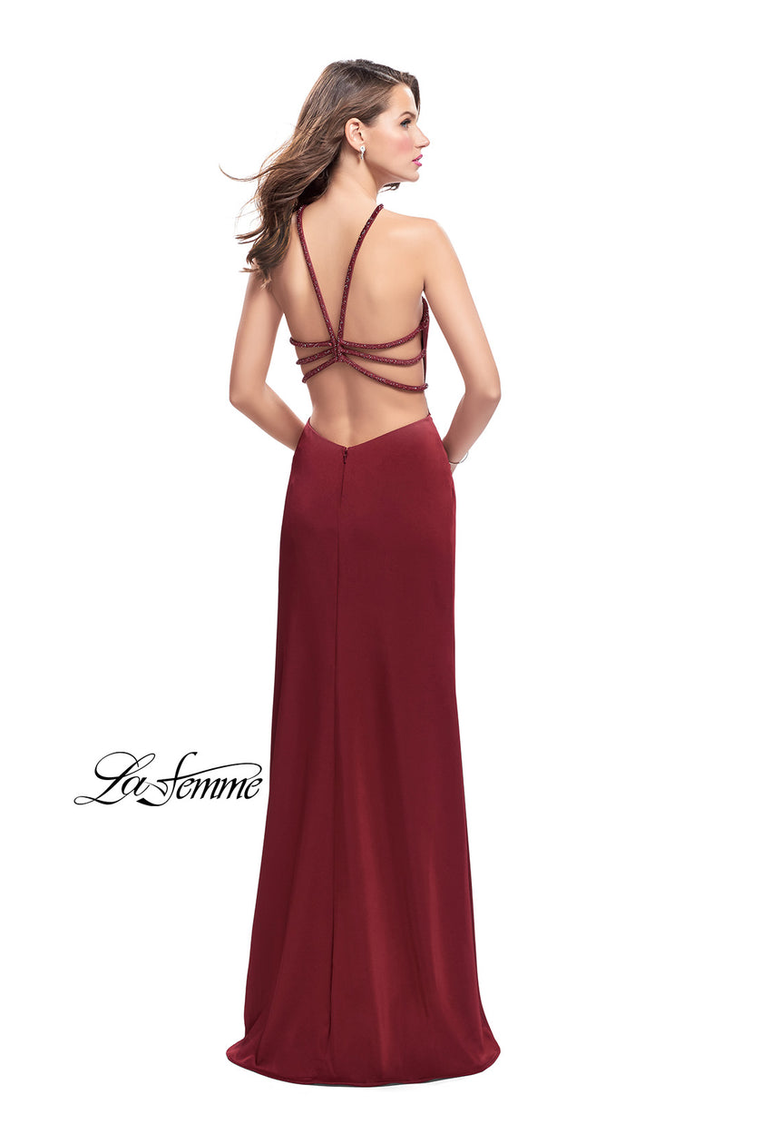 Picture of: Jersey Prom Dress with Beaded Straps and High Neckline in Burgundy, Style: 25698, Detail Picture 3