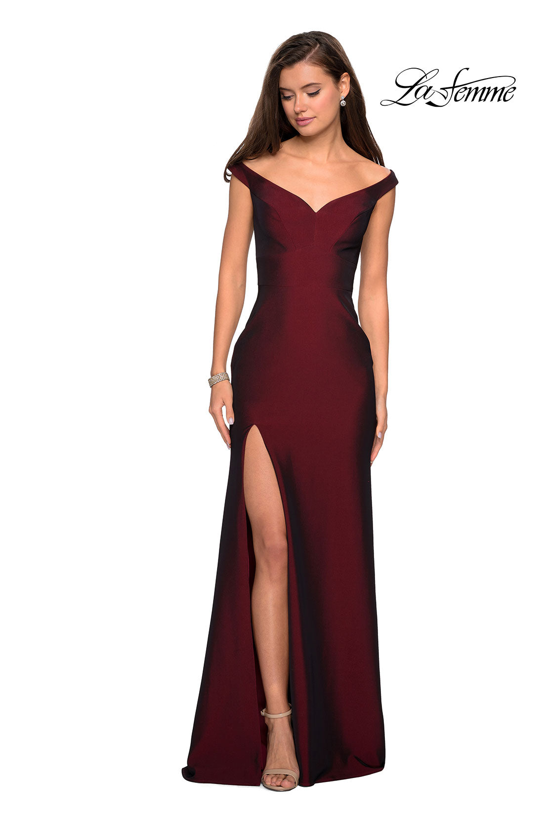 Picture of: Elegant Off the Shoulder Dress with Side Leg Slit in Burgundy, Style: 27587, Detail Picture 4