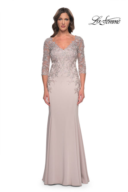 Picture of: Fitted Long Satin Dress with Lace Bodice and Sleeves in Champagne, Style: 31194, Main Picture