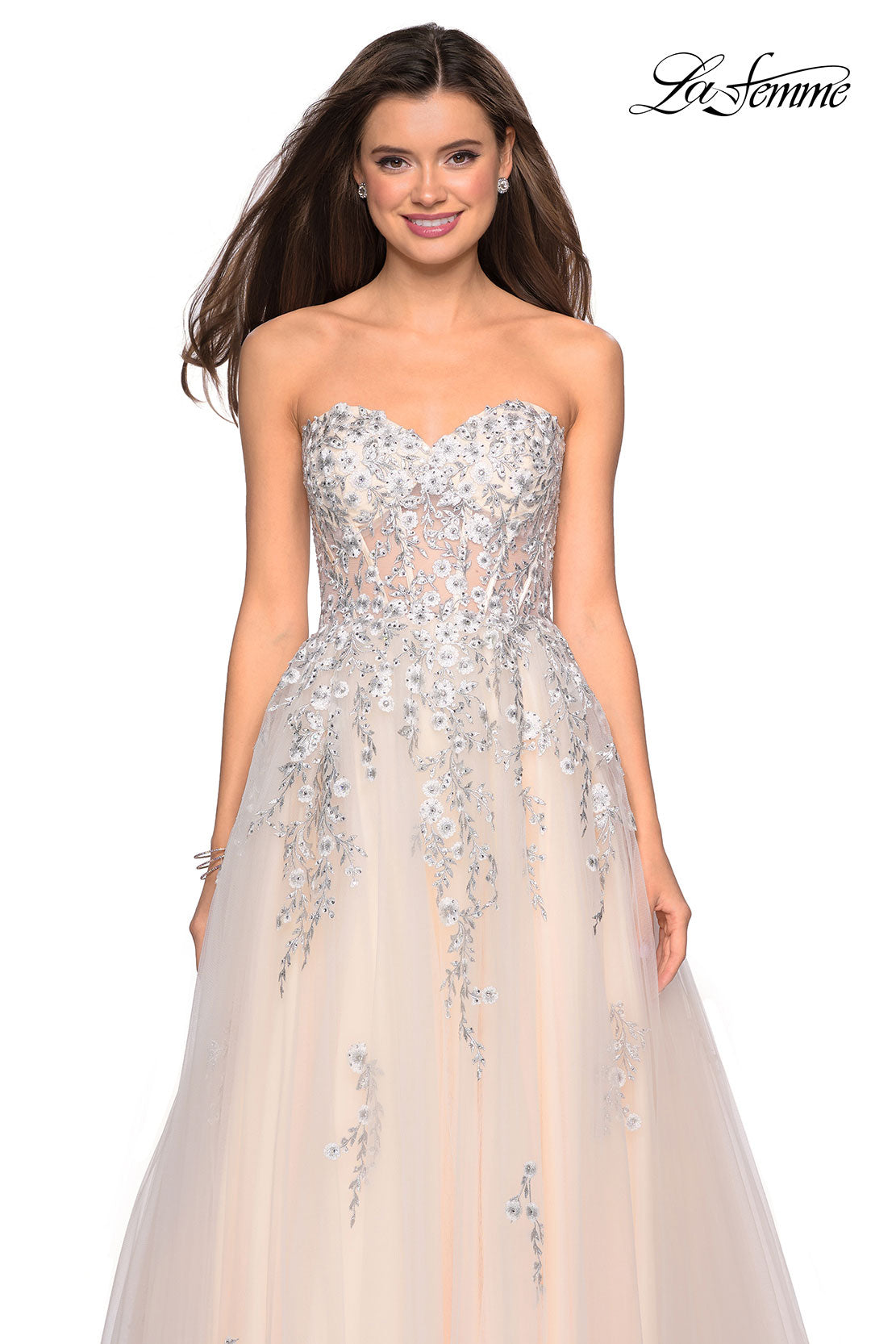 Picture of: Strapless Tulle Gown with Corset Bodice and Lace Detail in Champagne, Style: 27592, Detail Picture 4