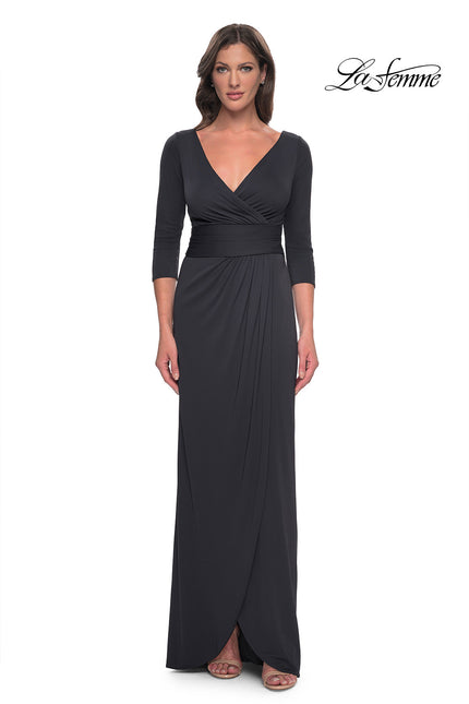 Picture of: Simple Chic Jersey Dress with Ruched Waist and V Neckline in Charcoal, Style: 31014, Detail Picture 1