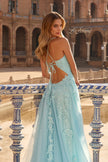 Picture of: Beaded A-Line Tulle Gown with Slit and Open Tie Back in Cloud Blue, Style: 33715, Detail Picture 9
