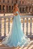 Picture of: Beaded A-Line Tulle Gown with Slit and Open Tie Back in Cloud Blue, Style: 33715, Back Picture