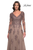 Picture of: Long Sleeve Lace and Tulle Dress with V Neckline in Cocoa, Style: 30795, Detail Picture 11