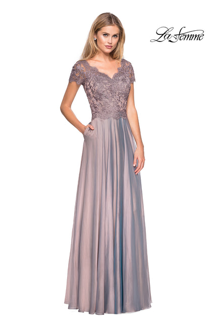 Picture of: Long Chiffon Dress with Lace Bodice and Pockets in Cocoa, Style: 27098, Detail Picture 2
