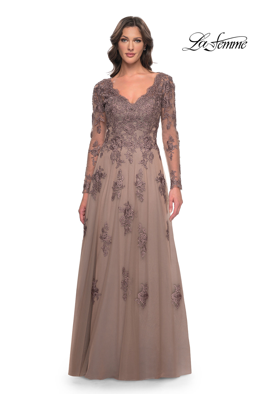 Picture of: Long Sleeve Lace and Tulle Dress with V Neckline in Cocoa, Style: 30795, Detail Picture 3
