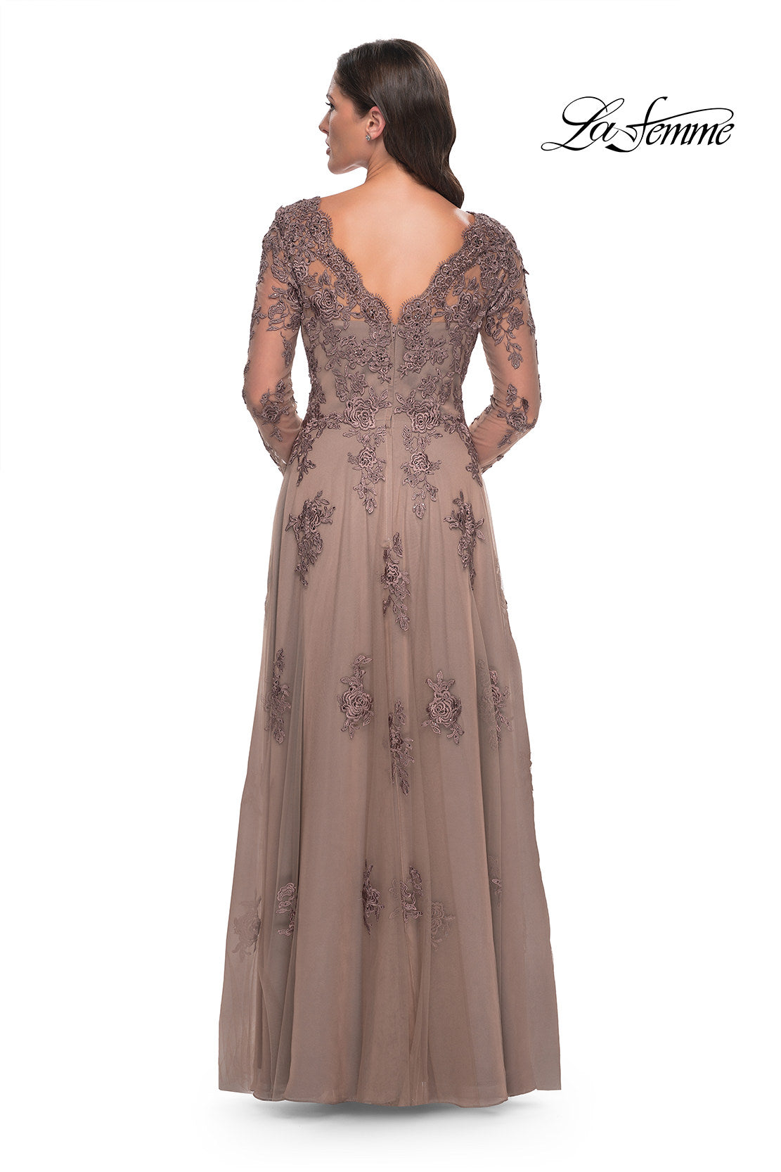 Picture of: Long Sleeve Lace and Tulle Dress with V Neckline in Cocoa, Style: 30795, Detail Picture 4