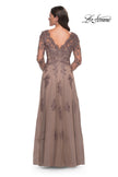 Picture of: Long Sleeve Lace and Tulle Dress with V Neckline in Cocoa, Style: 30795, Detail Picture 4