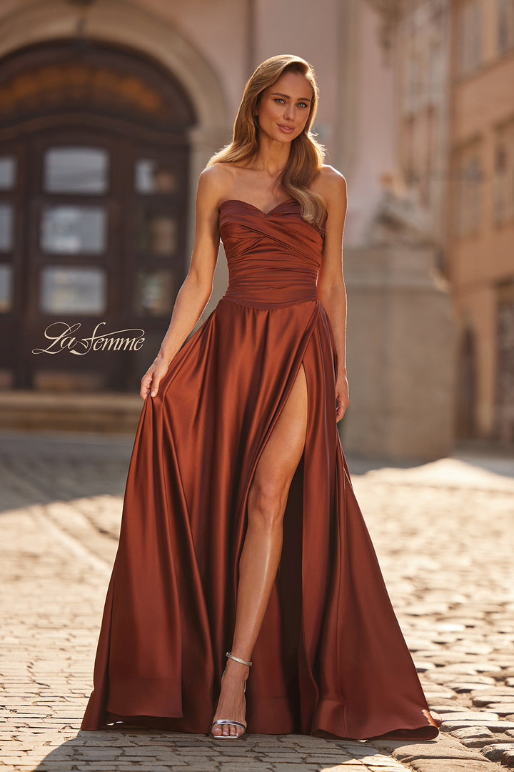 Picture of: Strapless Satin A-Line Gown with Draped Bodice and High Slit in Copper, Style: 33417, Main Picture