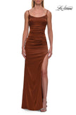 Picture of: Satin Fitted Gown with High Slit and Adjustable Spaghetti Straps in Copper, Style: 33413, Detail Picture 18