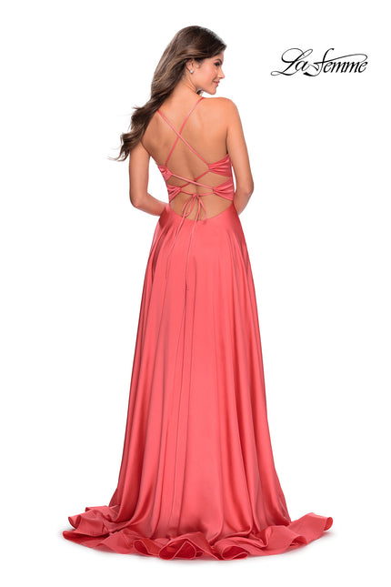 Picture of: Elegant Satin Prom Gown with Empire Waist in Coral, Style: 28571, Back Picture