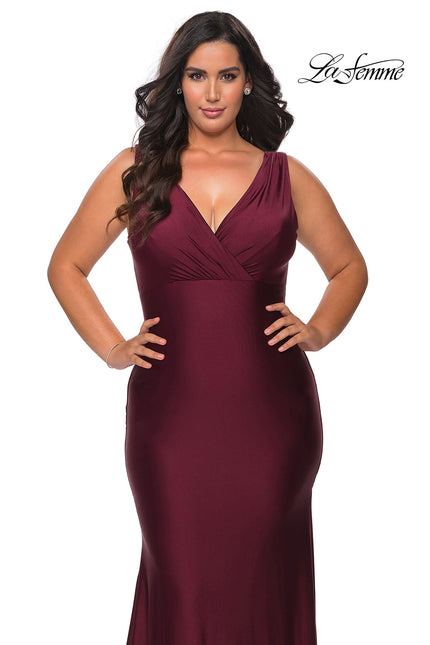 Picture of: Neon Plus Size Jersey Dress with Faux Wrap Bodice in Burgundy, Style: 29016, Main Picture