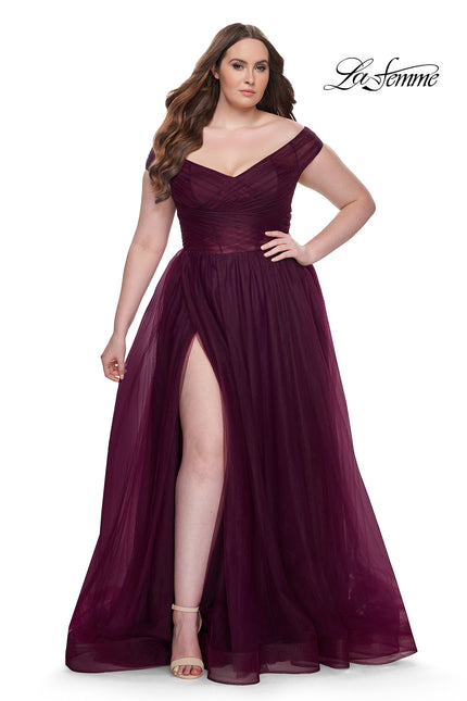Picture of: A-Line Tulle Off the Shoulder Plus Size Dress with Slit in Dark Berry, Style: 32204, Detail Picture 1