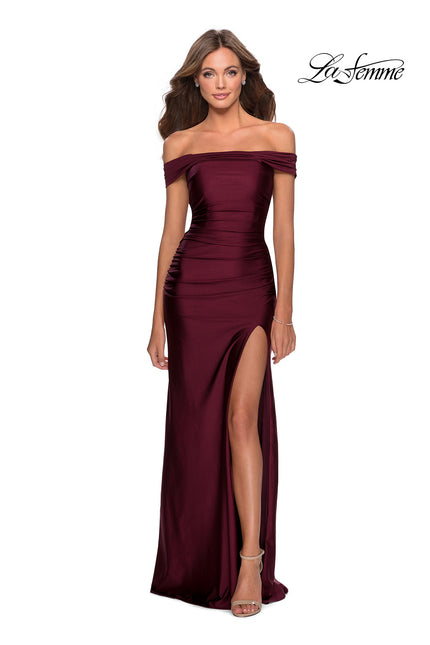 Picture of: Off the Shoulder Prom Dress with Tie Back and Slit in Burgundy, Style: 28506, Detail Picture 5