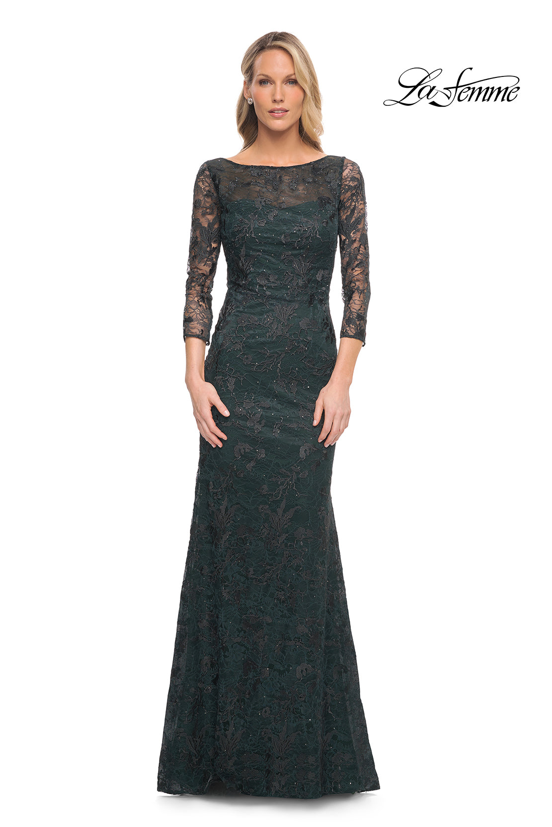 Picture of: Long Fitted Lace Gown with High Neckline and Sleeves in Green, Style: 30317, Main Picture
