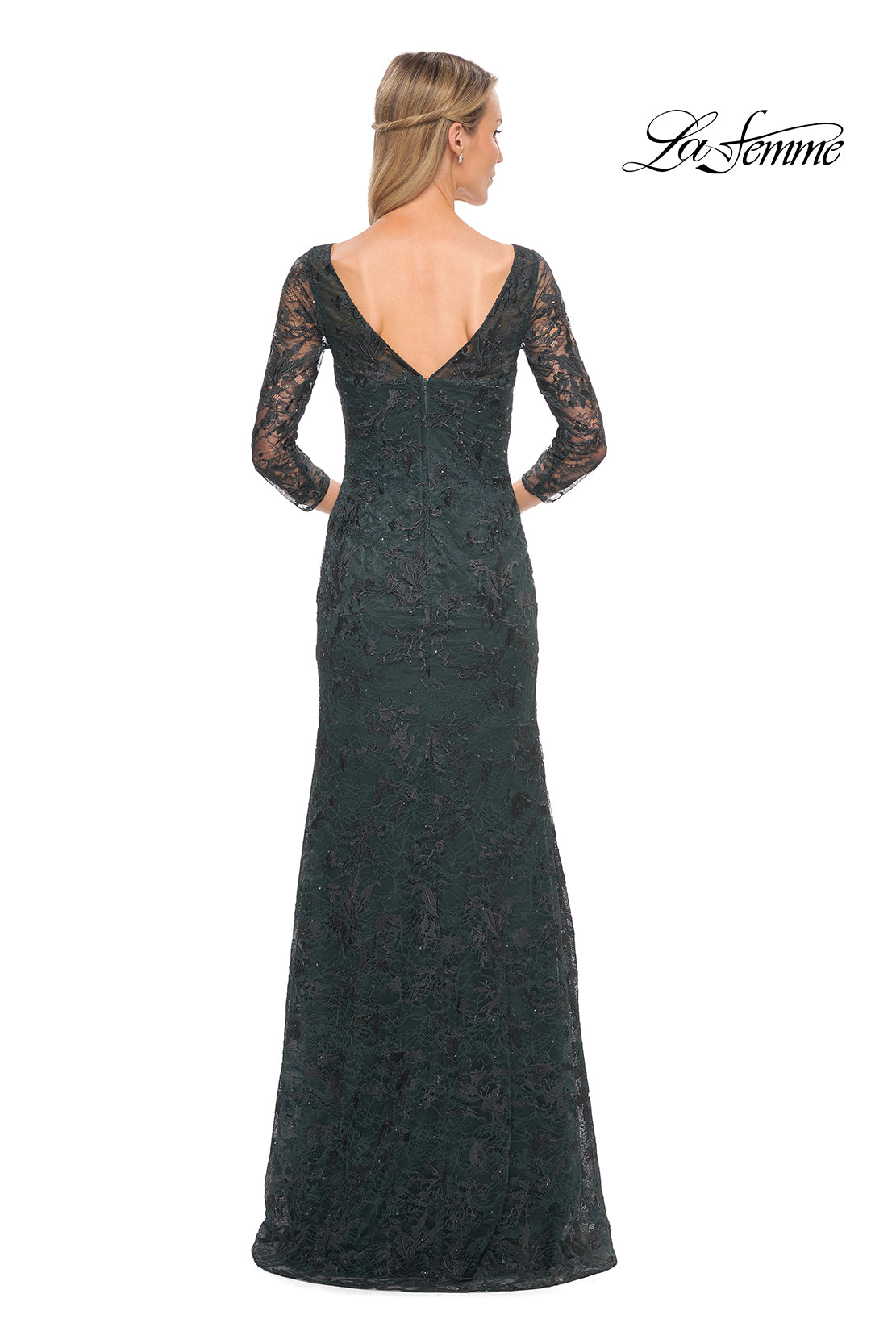 Picture of: Long Fitted Lace Gown with High Neckline and Sleeves in Green, Style: 30317, Back Picture