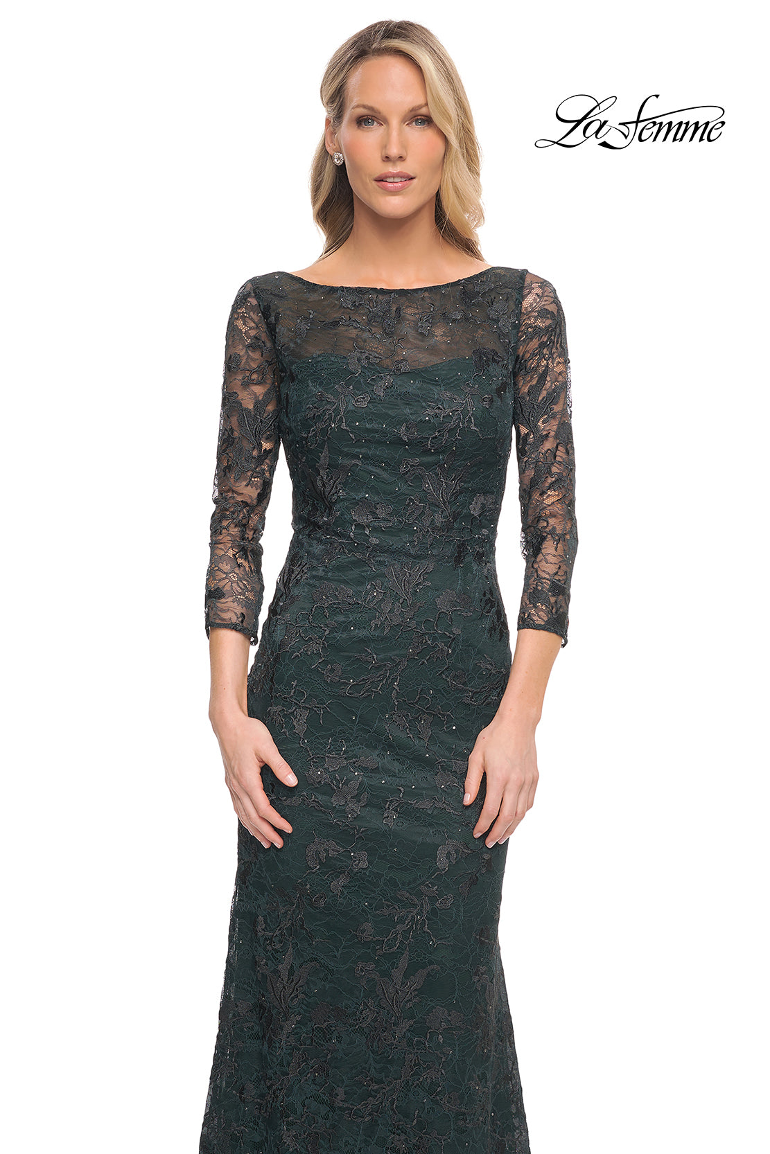 Picture of: Long Fitted Lace Gown with High Neckline and Sleeves in Green, Style: 30317, Detail Picture 3