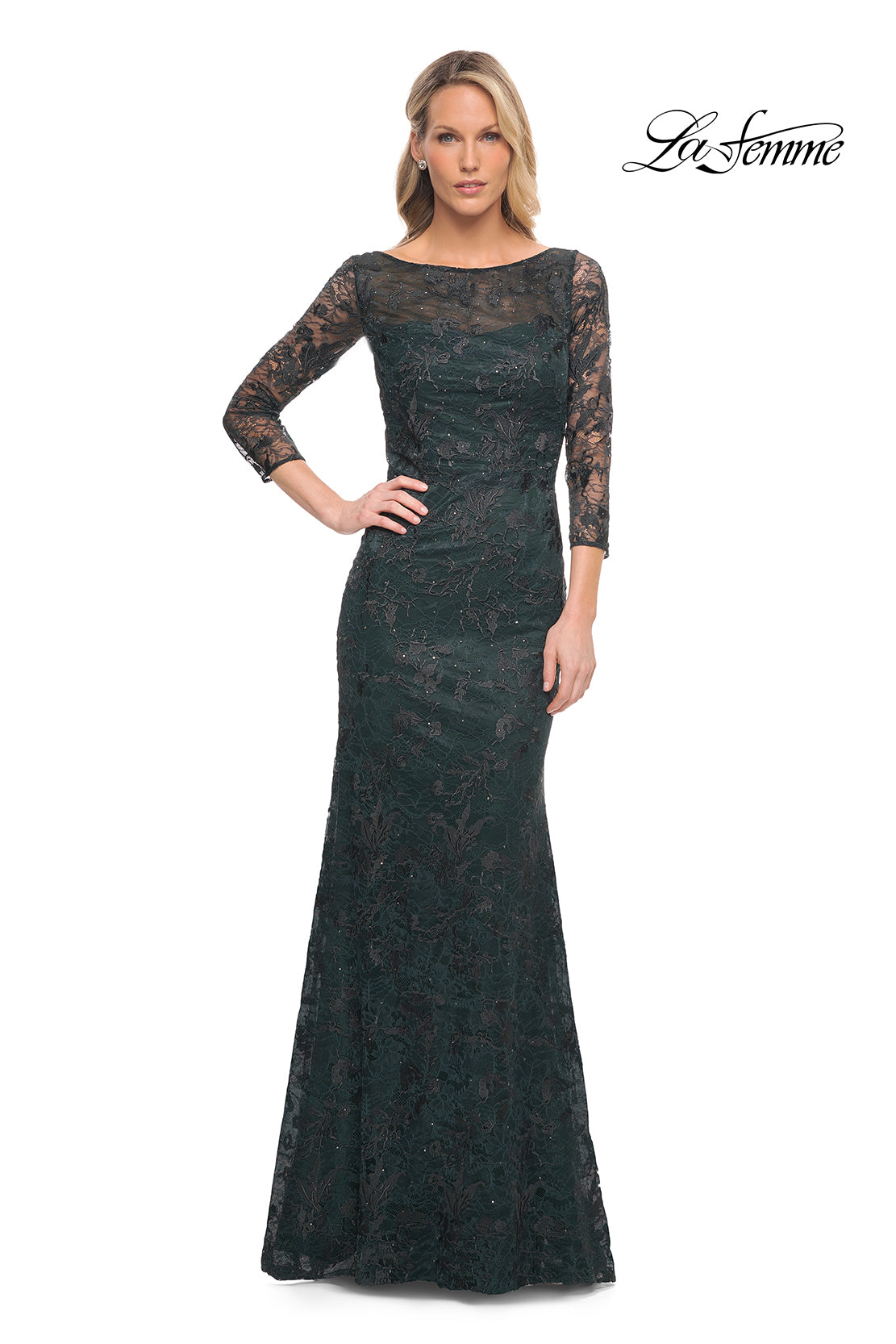 Picture of: Long Fitted Lace Gown with High Neckline and Sleeves in Green, Style: 30317, Detail Picture 4