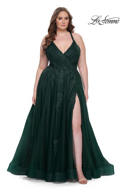 Picture of: Plus Size A-line Tulle Dress with Floral Detailing in Dark Emerald, Style: 29021, Detail Picture 9