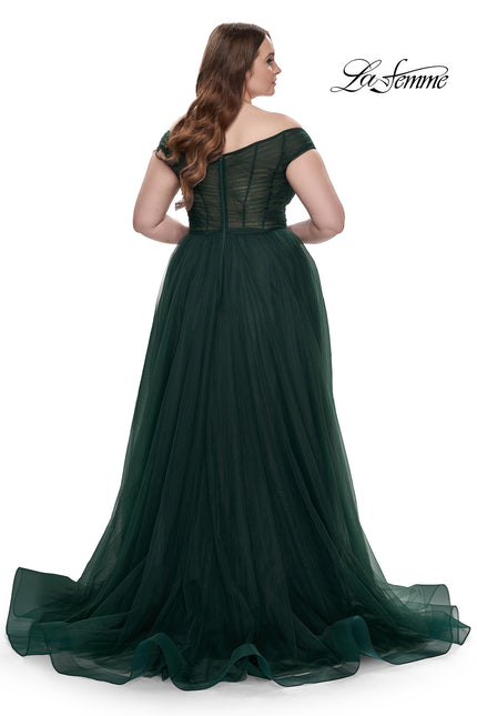 Picture of: A-Line Tulle Off the Shoulder Plus Size Dress with Slit in Dark Emerald, Style: 32204, Back Picture