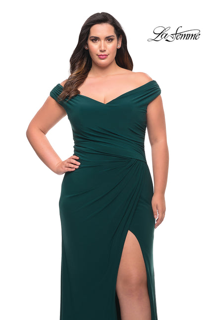 Picture of: Matte Jersey Long Plus Dress with Ruching and Slit in Dark Emerald, Style: 29663, Detail Picture 1