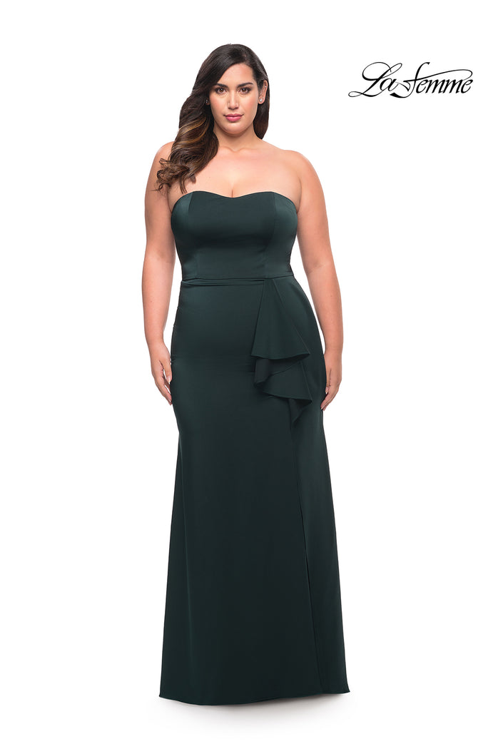 Picture of: Strapless Plus Size Dress with Ruffle Slit Detail in Dark Emerald, Style: 29664, Detail Picture 1
