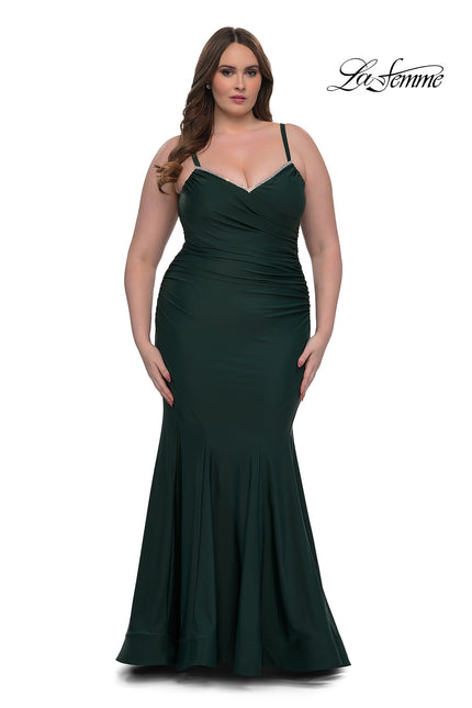 Picture of: Chic Plus Size Dress with Ruching and Rhinestone Neckline Detail in Dark Emerald, Style: 33057, Detail Picture 2