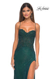 Picture of: Rhinestone Fishnet Gown with Lace Detail and High Slit in Dark Emerald, Style: 32218, Detail Picture 1