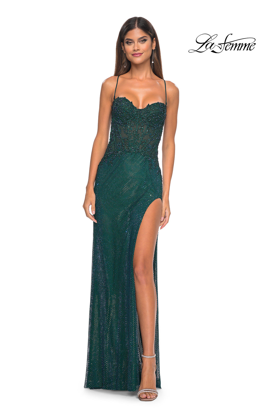 Picture of: Rhinestone Fishnet Gown with Lace Detail and High Slit in Dark Emerald, Style: 32218, Detail Picture 7