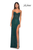 Picture of: Rhinestone Fishnet Gown with Lace Detail and High Slit in Dark Emerald, Style: 32218, Detail Picture 7