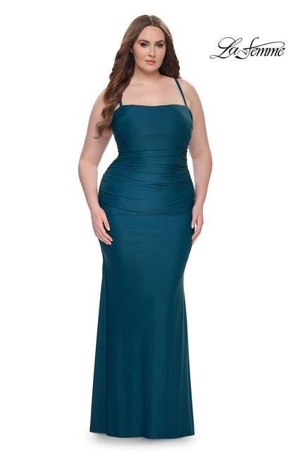 Picture of: Ruched Jersey Plus Dress with Lace Up Back in Dark Teal, Style: 32195, Main Picture