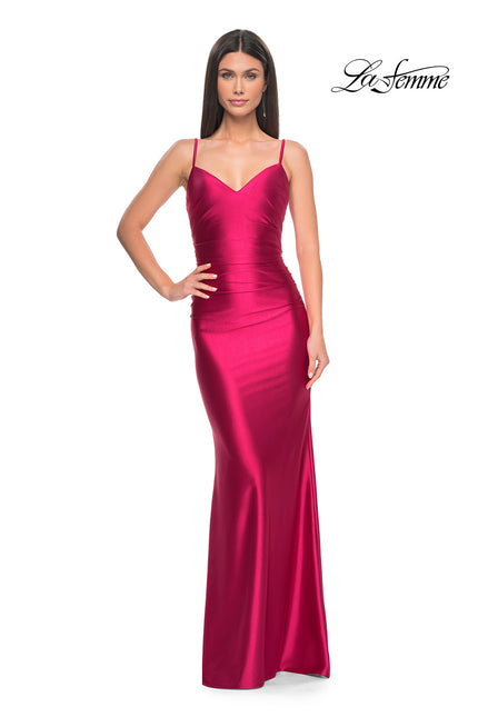 Picture of: Chic Stretch Satin Gown with V Neckline and Ruching in Deep Red, Style: 32075, Detail Picture 3