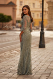 Picture of: Unique Lace Gown with Square Neckline and Illusion Sleeves in Dusty Sage, Style: 31909, Back Picture