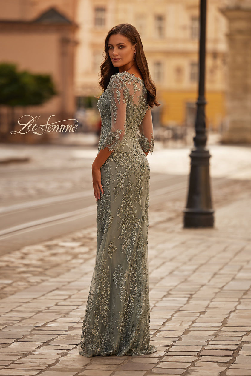 Picture of: Unique Lace Gown with Square Neckline and Illusion Sleeves in Dusty Sage, Style: 31909, Back Picture