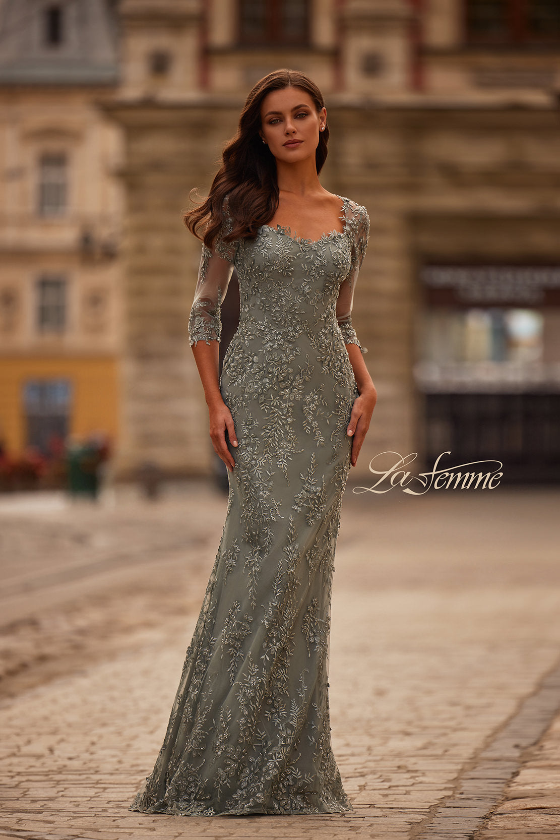 Picture of: Unique Lace Gown with Square Neckline and Illusion Sleeves in Dusty Sage, Style: 31909, Detail Picture 1