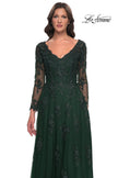 Picture of: Long Sleeve Lace and Tulle Dress with V Neckline in Emerald, Style: 30795, Detail Picture 9