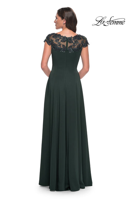 Picture of: A-Line Satin Dress with Stunning Beaded Neckline and Short Sleeves in Emerald, Style: 31195, Back Picture