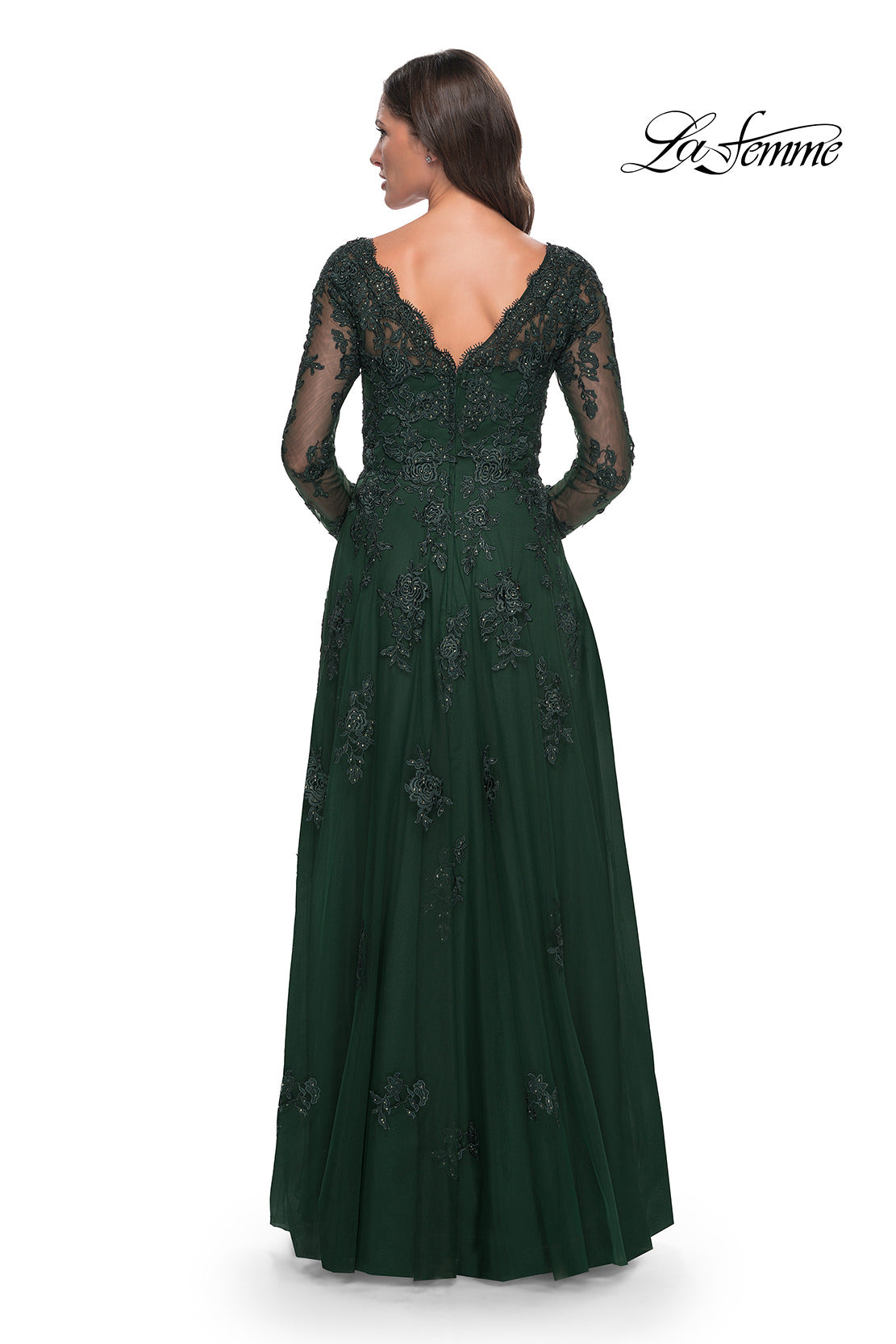 Picture of: Long Sleeve Lace and Tulle Dress with V Neckline in Emerald, Style: 30795, Detail Picture 2