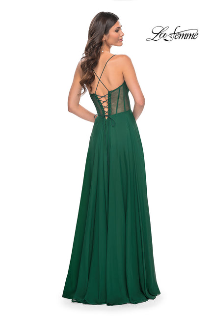 Picture of: Chiffon Gown with Illusion Bustier Top and Lace Up Back in Green, Style: 32296, Back Picture