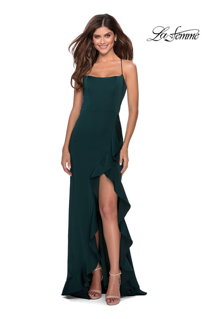 Picture of: Ruffle Prom Dress with Scoop Neck and Lace Up Back in Emerald, Style: 28294, Detail Picture 4
