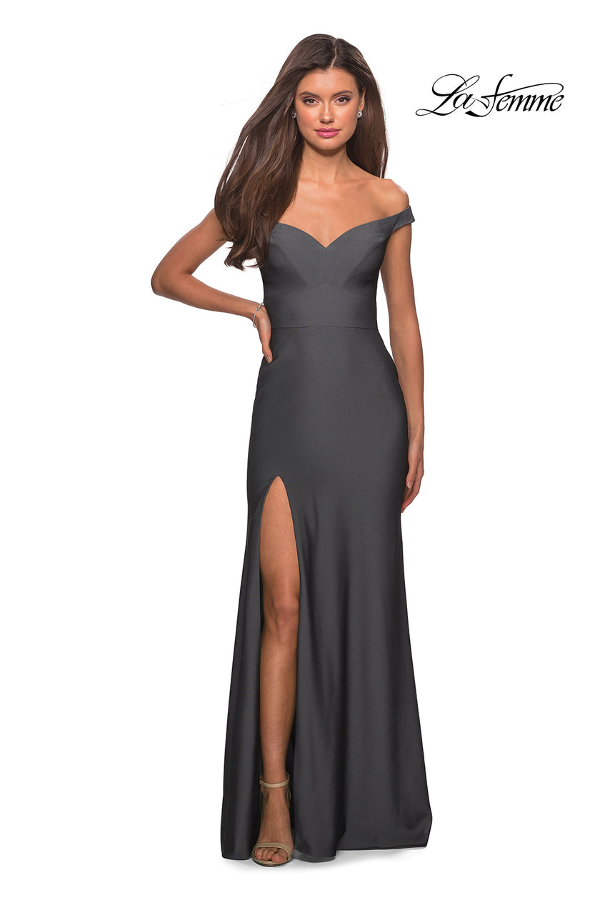 Picture of: Elegant Off the Shoulder Dress with Side Leg Slit in Gunmetal, Style: 27587, Detail Picture 6