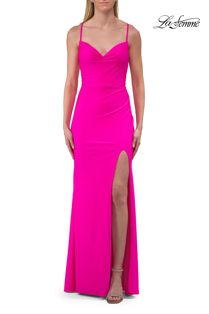Picture of: Jersey Prom Dress with Cowl Neckline and Open Beaded Back in Hot Fuchsia, Style: 33553, Detail Picture 6