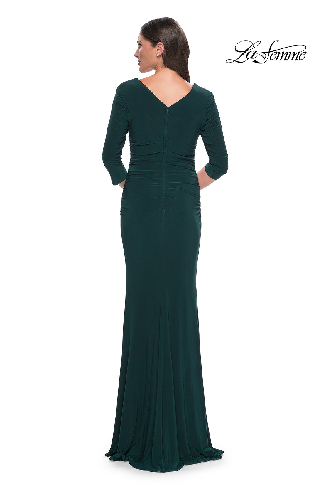 Picture of: Long Jersey Evening Dress with Square Neckline and Sleeves in Hunter Green, Style: 30883, Back Picture