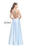 Picture of: Long High Neck Satin Gown with Beaded Strappy Back in Ice Blue, Style: 26269, Back Picture