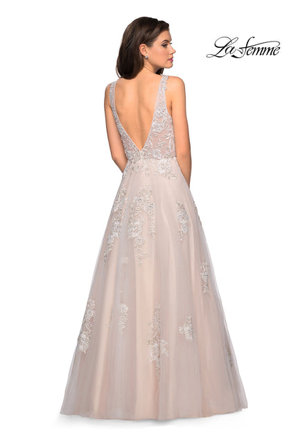 Picture of: A-Line Ball Gown with Sparkling Floral Appliques in Ivory Nude, Style: 27727, Back Picture