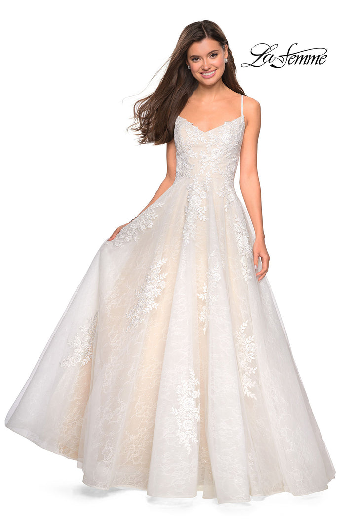 Picture of: Classic Lace A Line Dress with V Neckline and Pockets in Ivory Nude, Style: 27492, Detail Picture 2