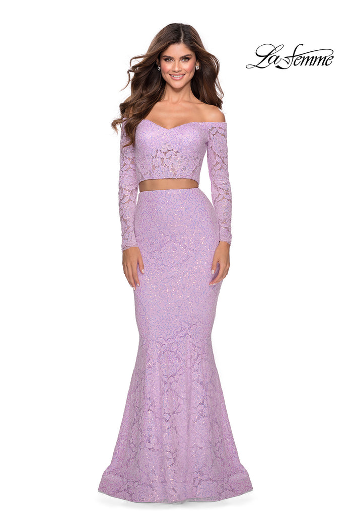 Picture of: Lace Sleeve Lace and Sequin Two Piece Prom Dress in Lavender, Style: 28666, Main Picture