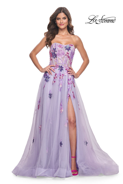 Picture of: Strapless A-Line Gown with Multi Color Sequin Lace Detail in Lavender, Style: 32156, Main Picture