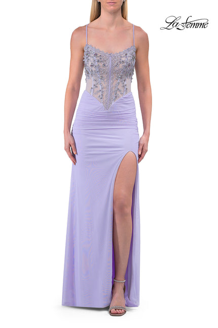 Picture of: Embroidered Corset Gown with Sheer Bodice and High Slit in Lavender, Style: 33783, Detail Picture 17