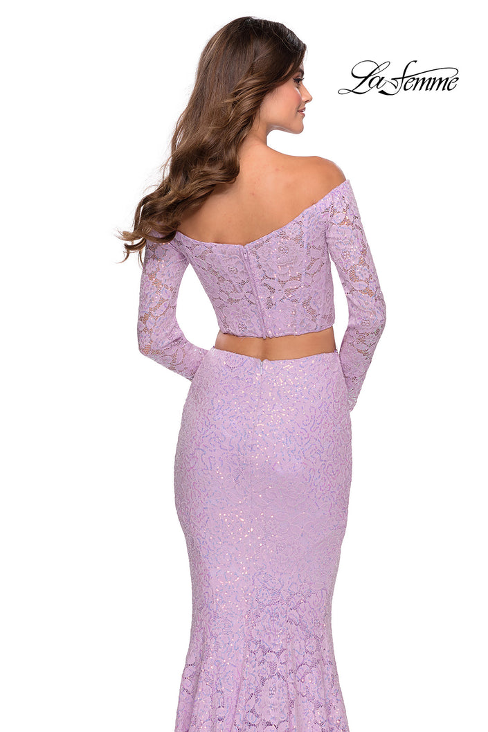 Picture of: Lace Sleeve Lace and Sequin Two Piece Prom Dress in Lavender, Style: 28666, Back Picture
